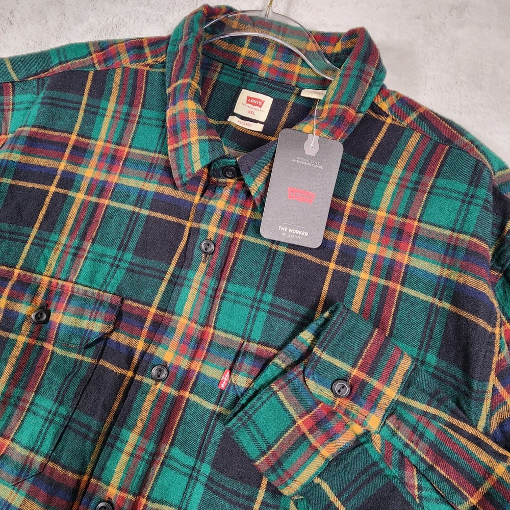 Levi's The Worker Shirt Men XXL Green Plaid Relaxed Fit Flannel Button Down NWT